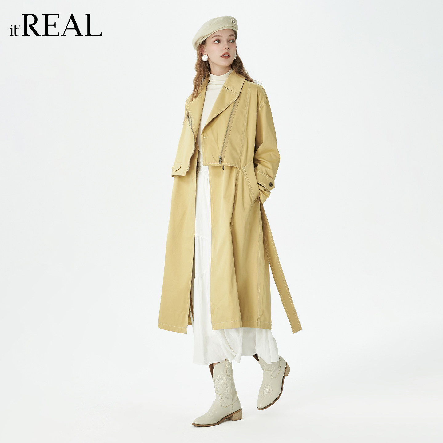 it'real瑞尔秋季新款复古显瘦宽松落肩长袖假两件风衣外套女,女装/女士精品,风衣,淘宝优惠券,粉丝福利购,淘宝优惠卷