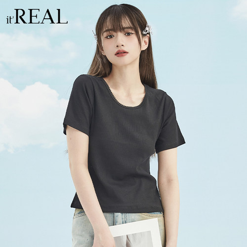 针织薄复古短袖it'real花边