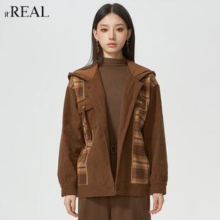 it'real瑞尔格纹拼接连帽卫衣开衫女秋冬新款复古宽松外套女