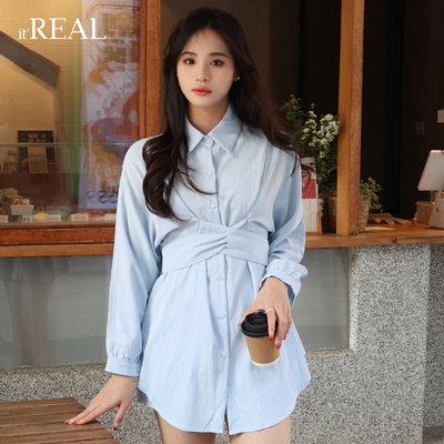 瑞尔复古衬衫裙短裤裙子两件套