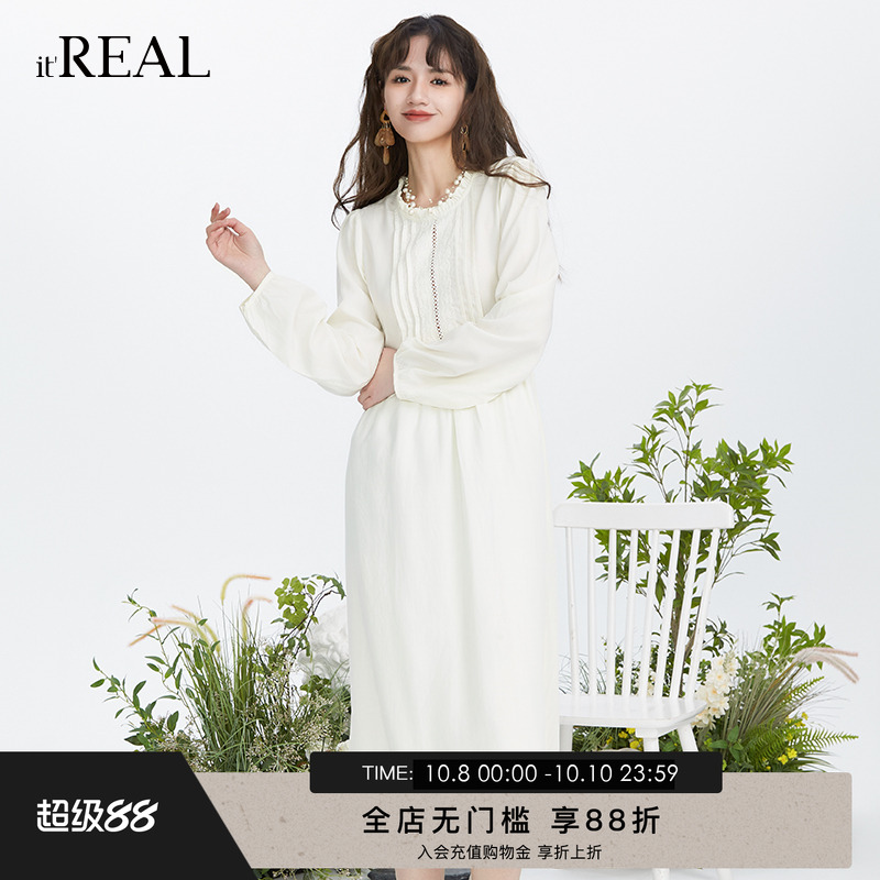 it'real瑞尔圆花边领衬衫连衣裙秋冬法式收腰显瘦休闲A字裙子