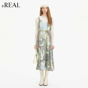 real瑞尔森系水墨晕染吊带裙收腰系带设计感气质显瘦中长裙