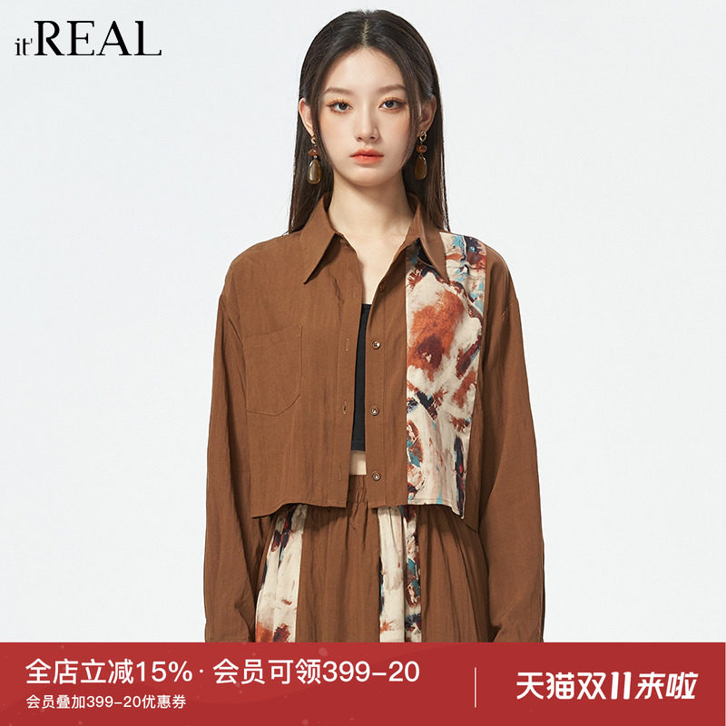 it'real瑞尔秋新款法式拼接复古印花衬衫女长袖设计感短款上衣
