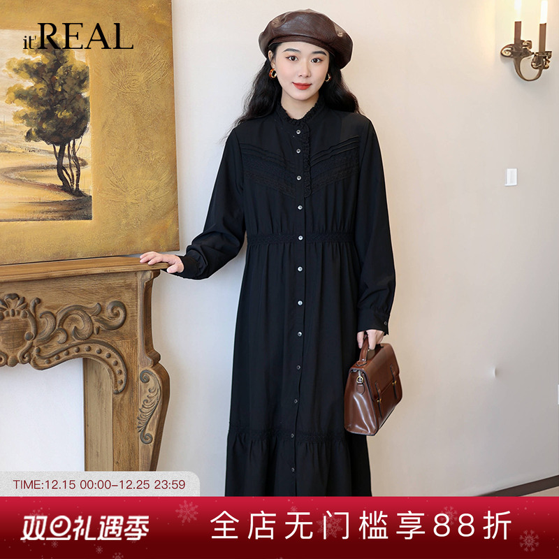 it'real瑞尔春新款花边立领连衣裙女长袖黑色木耳领显瘦中长裙
