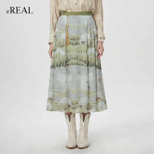 新中式田园风景印花百褶半裙女