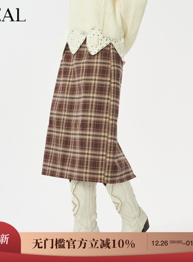 it'real瑞尔冬季新款学院风格纹高腰开叉下摆显瘦直筒半身裙