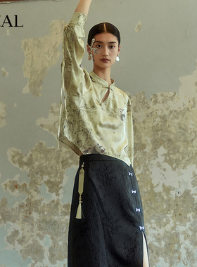 it'real瑞尔秋季新款女士上衣短袖宽松气质绿色罩衫新中式