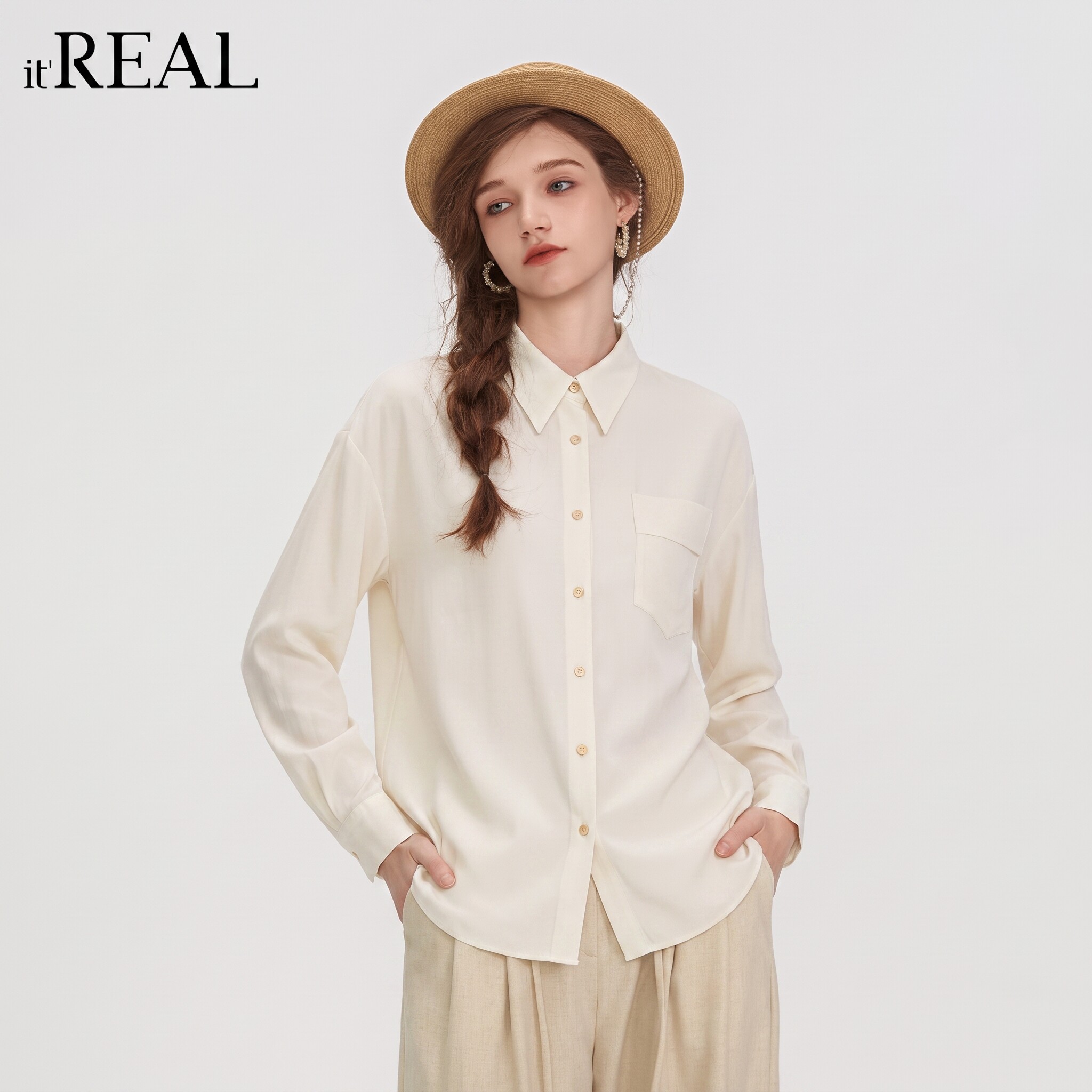 it'real瑞尔简约风宽松衬衫女春装单排扣口袋设计百搭通勤上衣