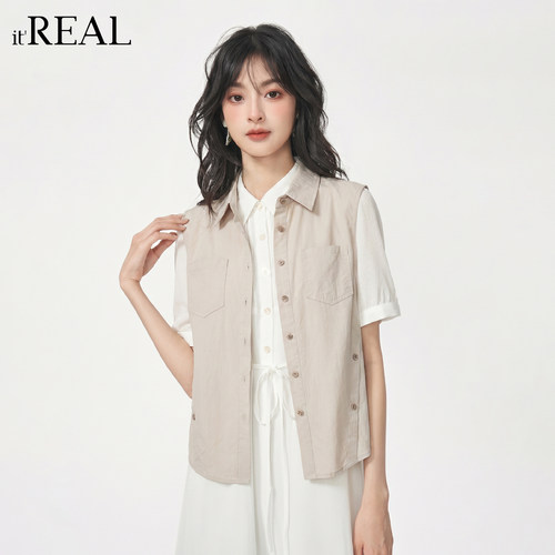 翻领无袖侧边排扣衬衫马甲女