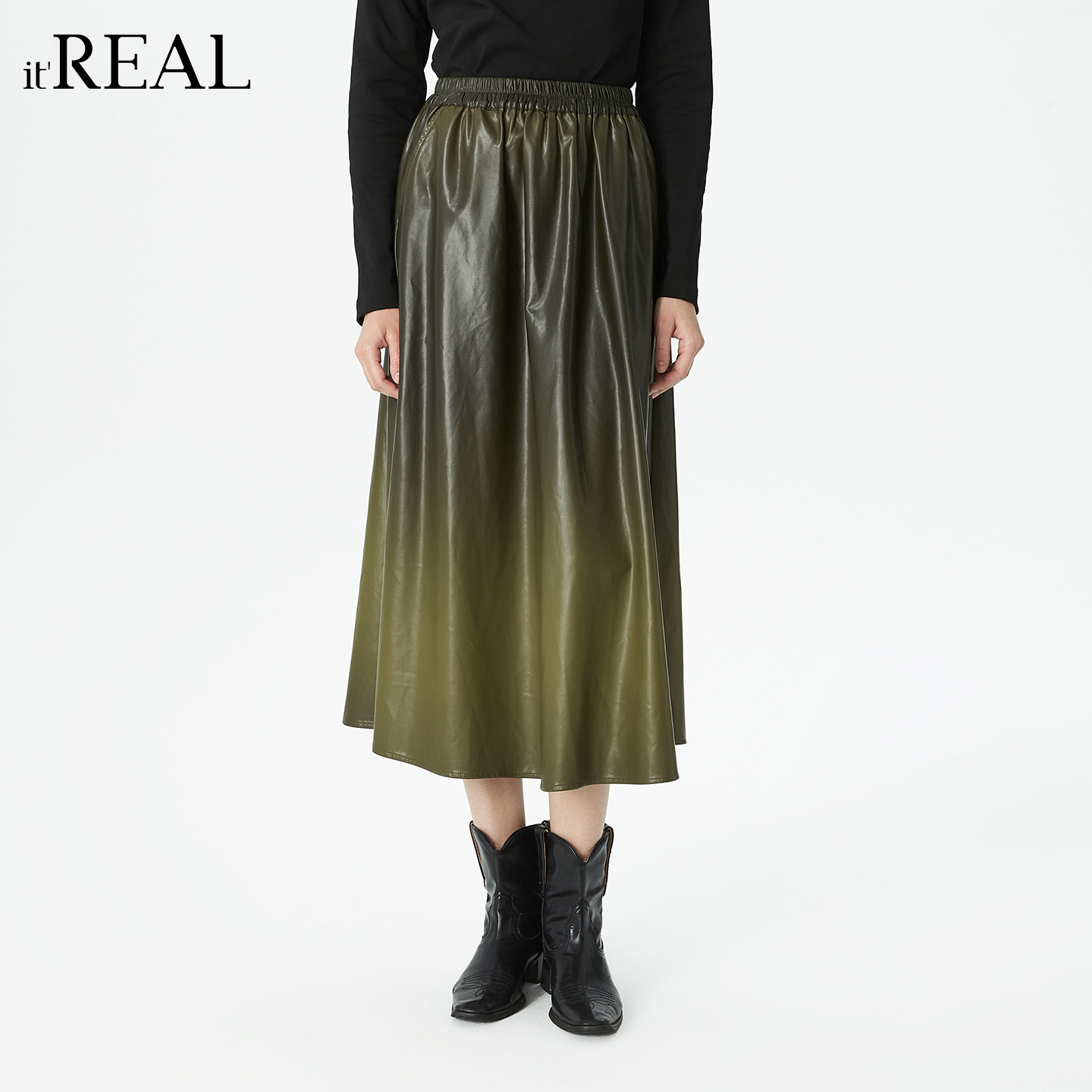 瑞尔法式复古半身PU渐变皮裙女
