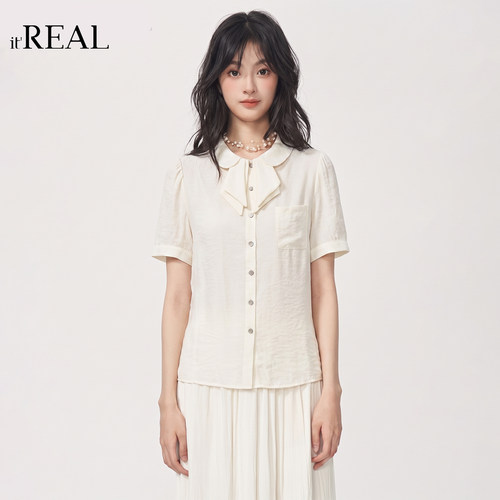 瑞尔法式甜美蝴蝶结短袖衬衫女