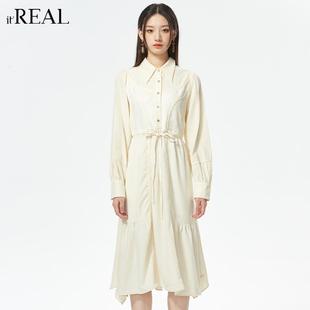 it'real瑞尔法式复古连衣裙秋冬款高腰A字裙摆淑女纯色衬衫裙