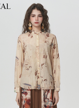 it'real瑞尔春季新款法式复古花边领印花衬衫长袖衬衣外套女