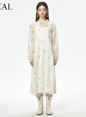 it'real瑞尔秋新款法式碎花裙吊带内衬裙两件套长袖套装裙