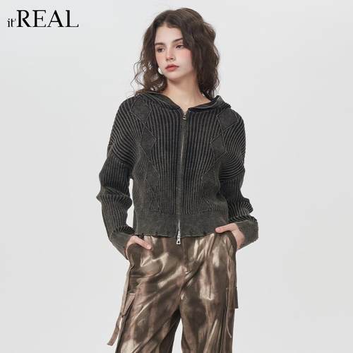 itreal复古连帽毛开衫卫衣