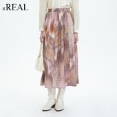 复古印花半身裙女高腰显瘦中长款 real法式 A字裙温柔半裙