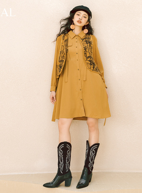 itreal瑞尔秋冬新款女士文艺复古休闲气质风简约棕色连衣裙