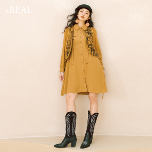 itreal瑞尔秋冬新款女士文艺复古休闲气质风简约棕色连衣裙
