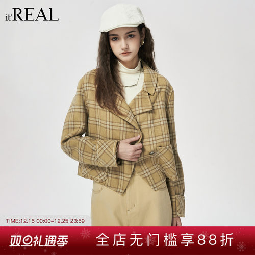 it'real瑞尔冬季新款复古格纹经典不规则呢子衣毛呢外套女