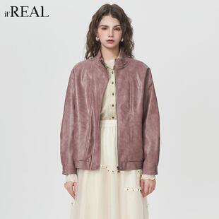 新款 复古机车皮衣外套女春季 宽松棒球服夹克 real瑞尔美式