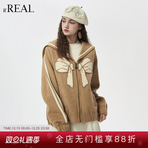 it'real瑞尔冬季新款复古加厚保暖蝴蝶短款呢大衣外套上衣女