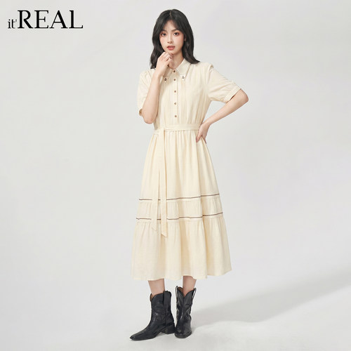 翻领短袖系带收腰衬衫连衣裙女