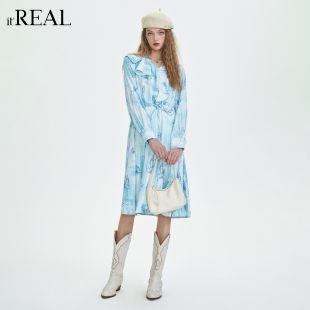 绑带收腰中长裙气质 real度假风蓝色印花连衣裙女喇叭袖