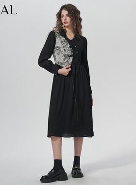 it'real瑞尔春季新款新中式国风水墨画假两件马甲连衣裙