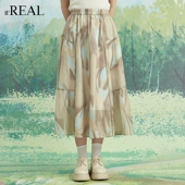 real瑞尔夏新款 复古印花A字伞裙长裙高腰小众半身裙子