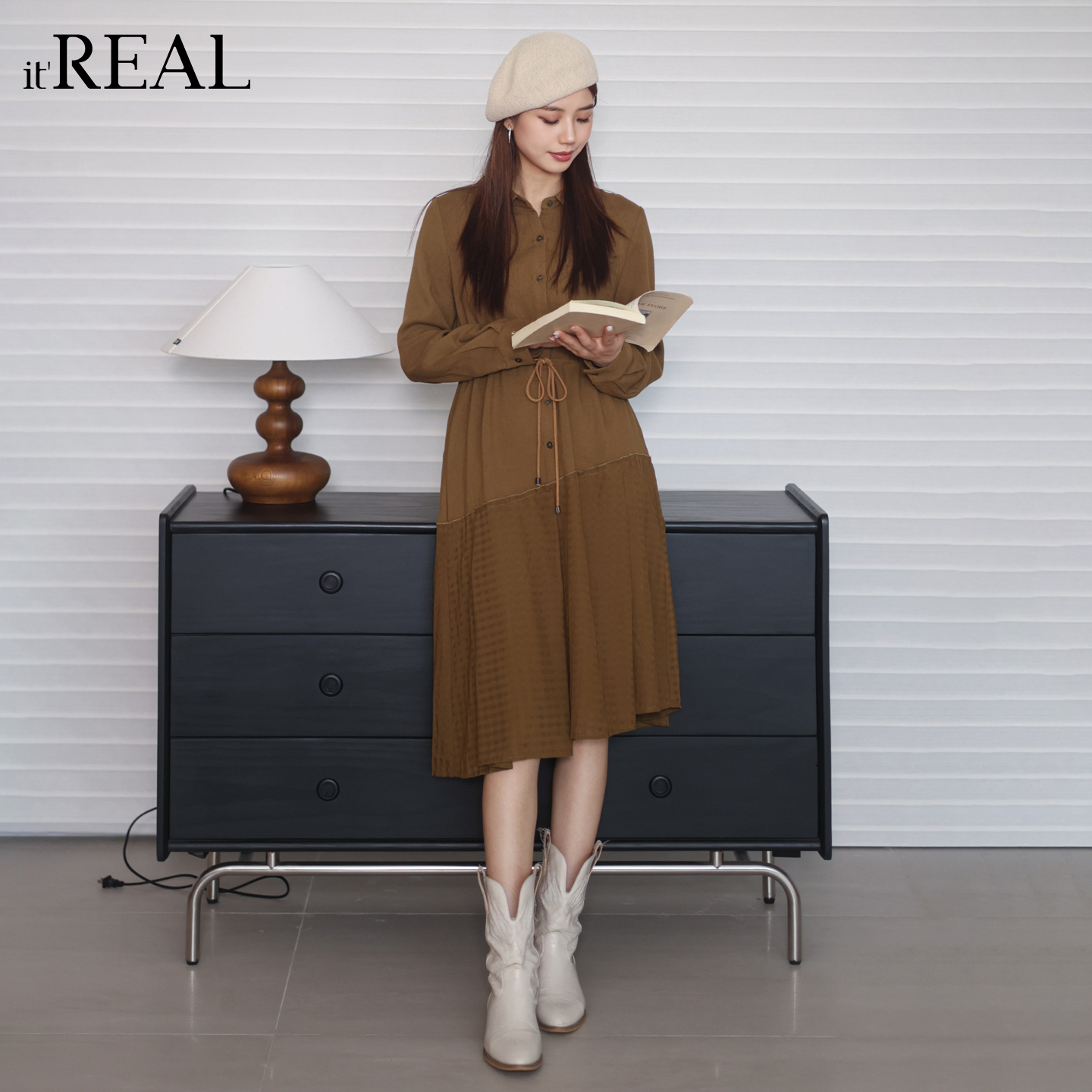 it'real瑞尔冬季新款复古不规则下摆设计感长袖连衣裙
