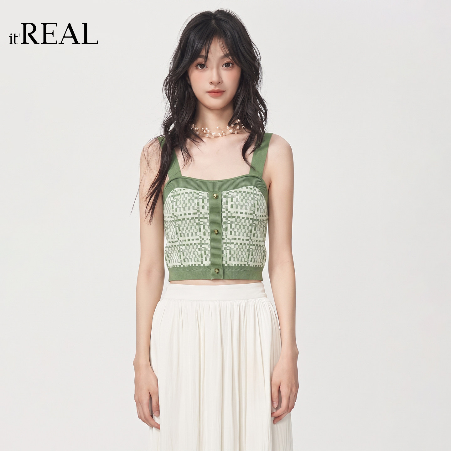 it'real格纹针织吊带背心女夏季「辣妹风」短款修身显瘦内搭上衣