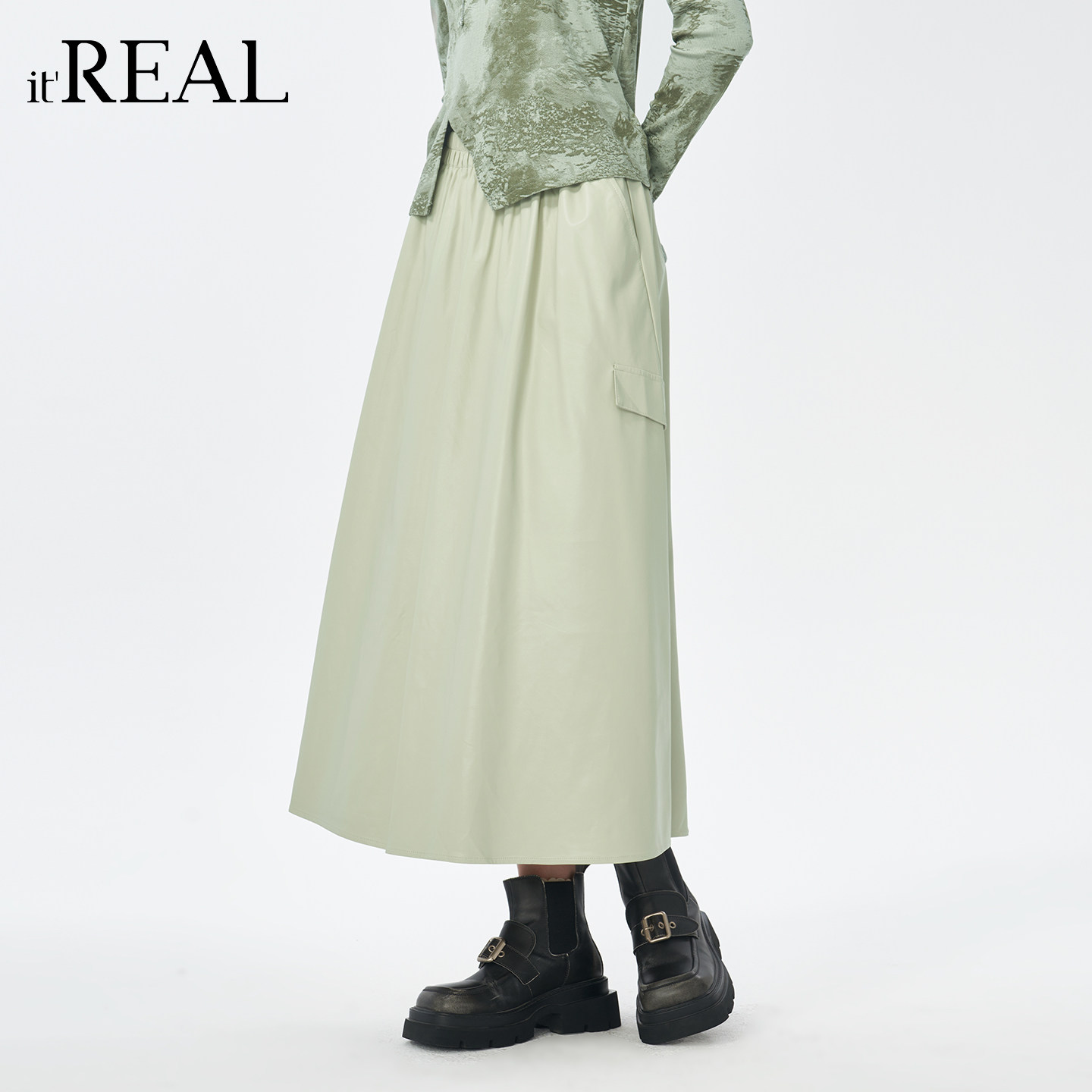 it'real瑞尔冬季新款极简风质感气质显瘦中长款pu皮裙半身伞裙,女装/女士精品,半身裙,淘宝优惠券,粉丝福利购,淘宝优惠卷