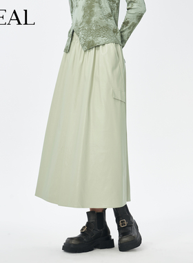 it'real瑞尔冬季新款极简风质感气质显瘦中长款pu皮裙半身伞裙