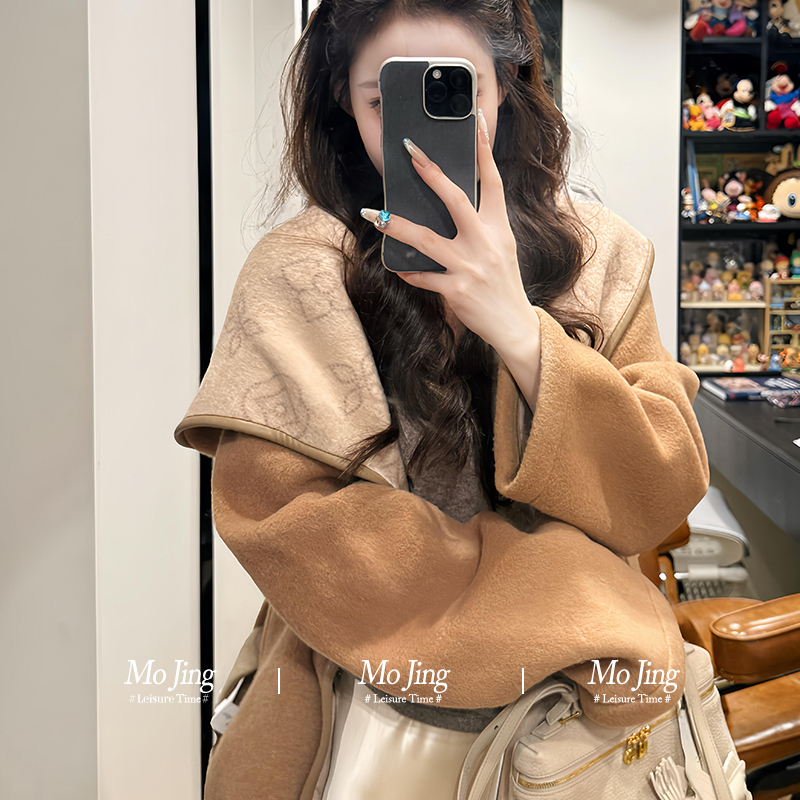 老钱风连帽系带长款双面呢外套女