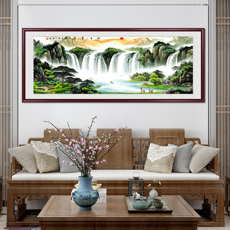 旭日东升国画山水画实木横幅挂画客厅装饰背景墙壁画办公室靠山图