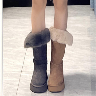 现货 雪地靴女复古皮带扣两穿可翻折毛毛靴皮毛一体厚绒保暖靴子