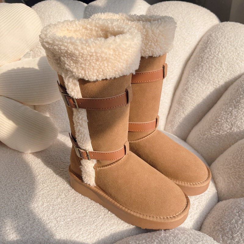 订单批发新款厚底增高骑士靴皮带扣卷羊毛皮毛一体雪地靴加厚高筒,女鞋,时尚雪地靴,淘宝优惠券,粉丝福利购,淘宝优惠卷