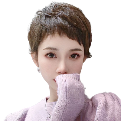 假发短发女全头套式真发全真人发狗啃刘海真人发丝时尚新款短直发