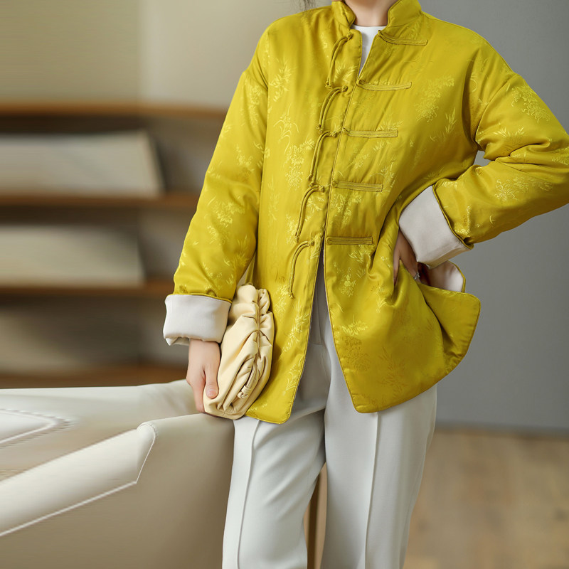 欧至雅2021年冬缎面提花日常加棉夹棉宽松旗袍上衣外套唐装棉衣女