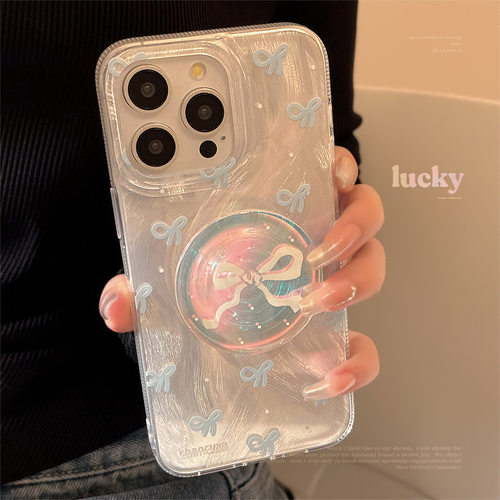 AceCase简约小清新羽纱蓝蝴蝶结手机壳适用苹果15promax镭射支架iphone13防摔12硬14小众11仙女