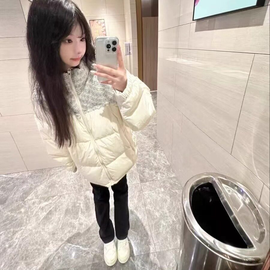 美式复古小香风拼接面包服棉衣女2024年冬季新款宽松加厚立领棉袄