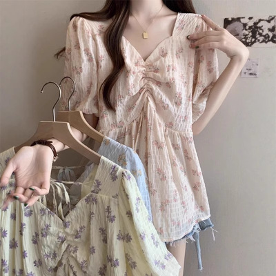 法式V领洋气碎花雪纺锁骨