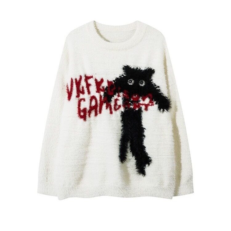 2025年秋冬新款原创猫咪图案毛衣男女简约圆领套头情侣针织衫