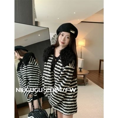 黑白条纹复古可拆卸毛领毛衣女装秋季系带宽松v领针织衫上衣外穿