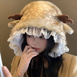 可爱麋鹿毛绒帽女秋冬季韩版显脸小加厚保暖护耳雷锋帽鹿角狍子帽