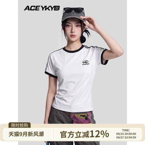 YKYB黄子韬 短袖美式复古辣妹修身显瘦简约条纹设计圆领套头T恤女