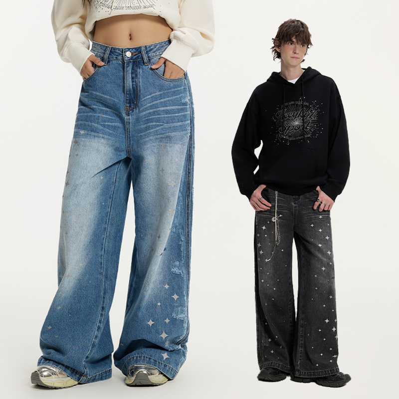 潮流美式复古宽松直筒牛仔裤