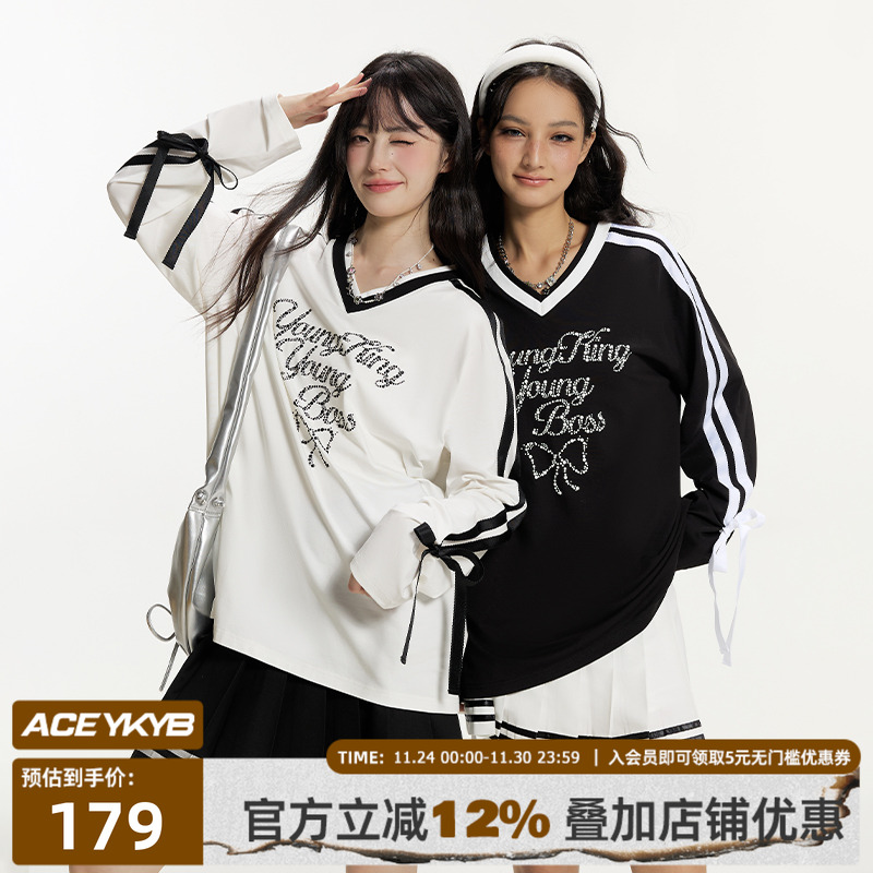 潮流小众蝴蝶结条纹长袖T恤