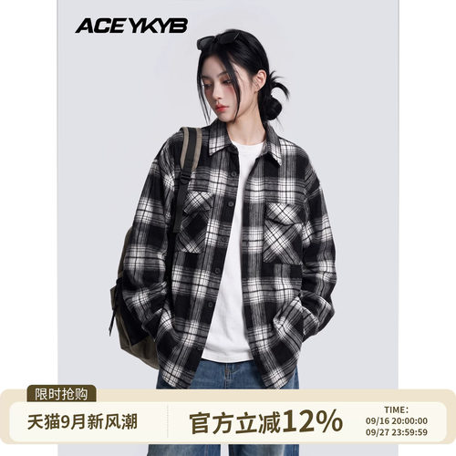 YKYB黄子韬 美式复古格子长袖衬衫百搭宽松春季情侣衬衣外套潮流