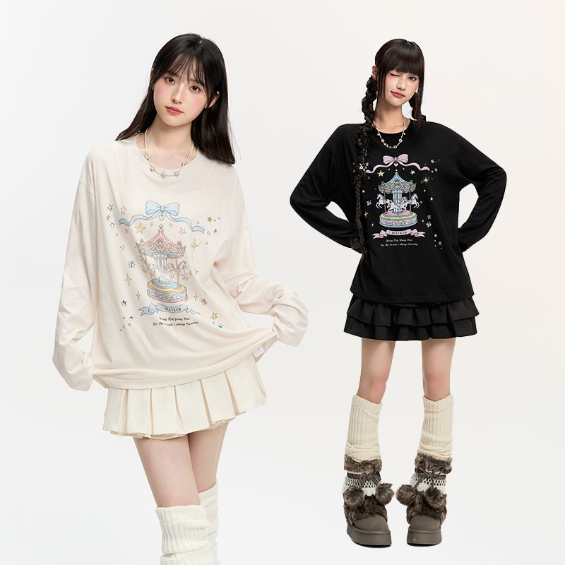 YKYB黄子韬 潮流T恤设计感小众甜美百搭慵懒感套头长袖罩衫女秋季